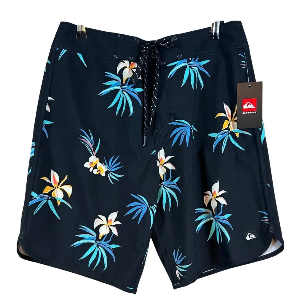 NWT Quiksilver Mens Board‎ Shorts Size 30 Black Tropical Floral Palm Swim Trunks